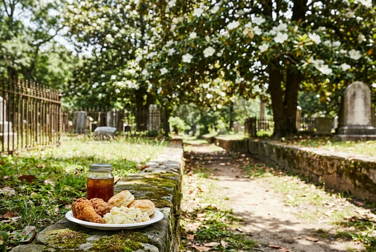 A Southern picnic plate on a stone wall beside a Victorian cemetery path under magnolia trees