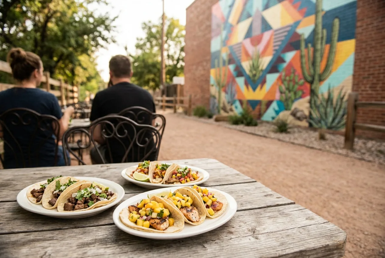Gourmet tacos on a patio table along a rail-trail