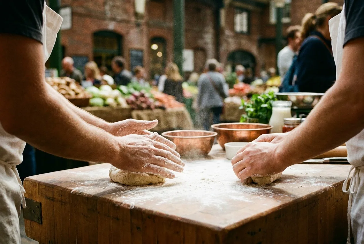 Flour-dusted hands shaping biscuit dough on a butcher block at a historic market stall