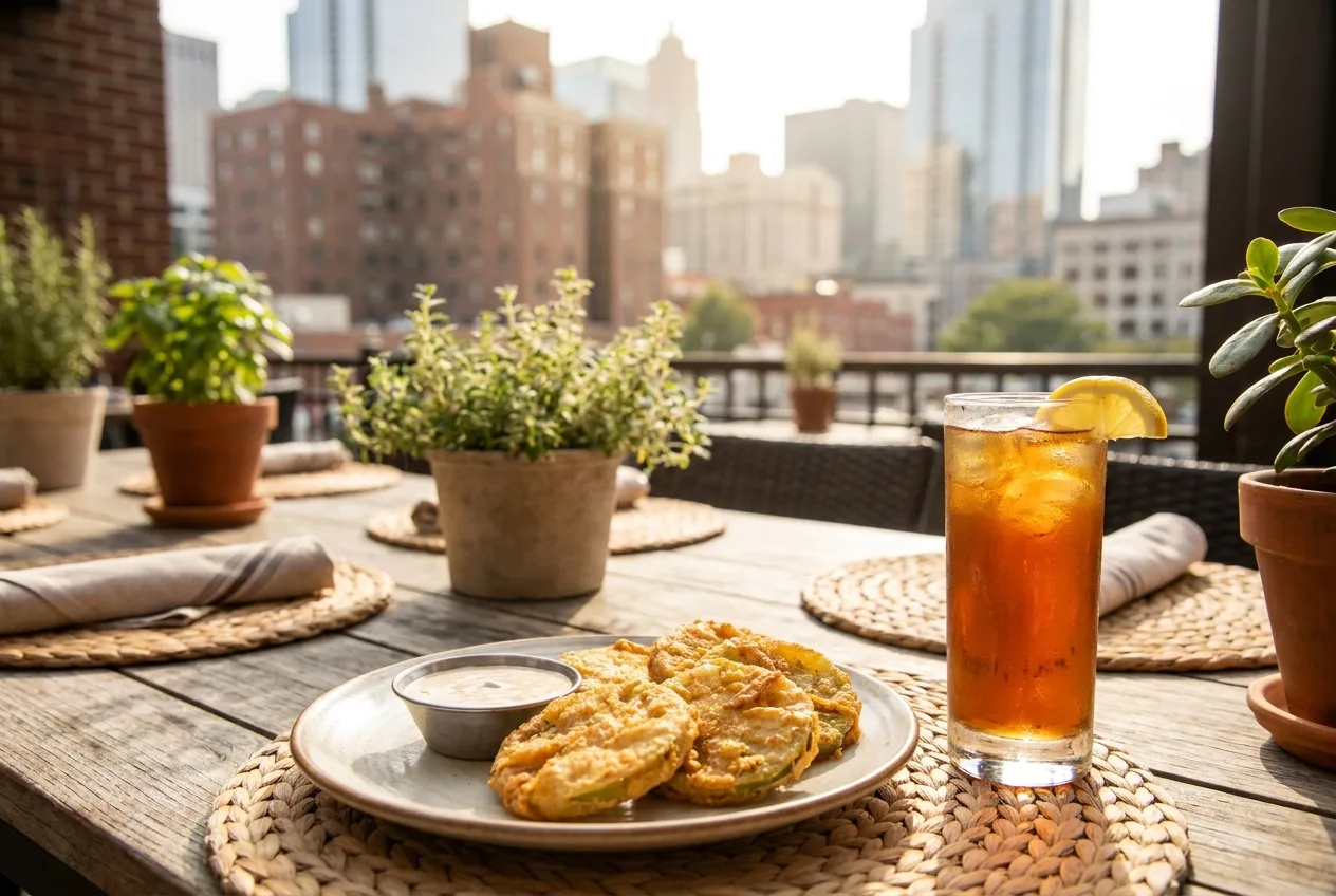 Fried green tomatoes and sweet tea on a Midtown patio table