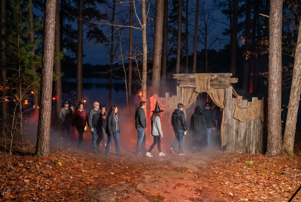 Costumed visitors walking a fog-filled haunted trail at night through tall pine woods, lit by red and orange light, with a lake glinting through the trees