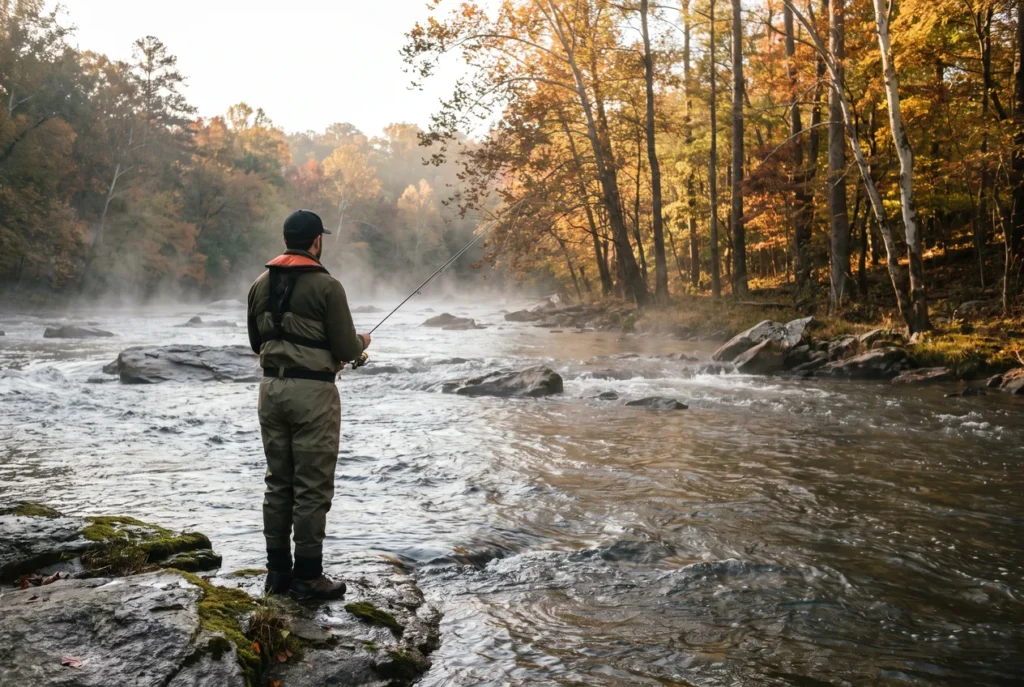 An angler wading a misty shoal of the Chattahoochee River at Island Ford at sunrise, rod raised, hardwood banks behind