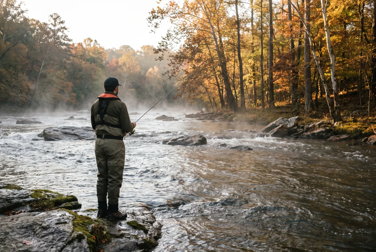 An angler wading a misty shoal of the Chattahoochee River at Island Ford at sunrise, rod raised, hardwood banks behind